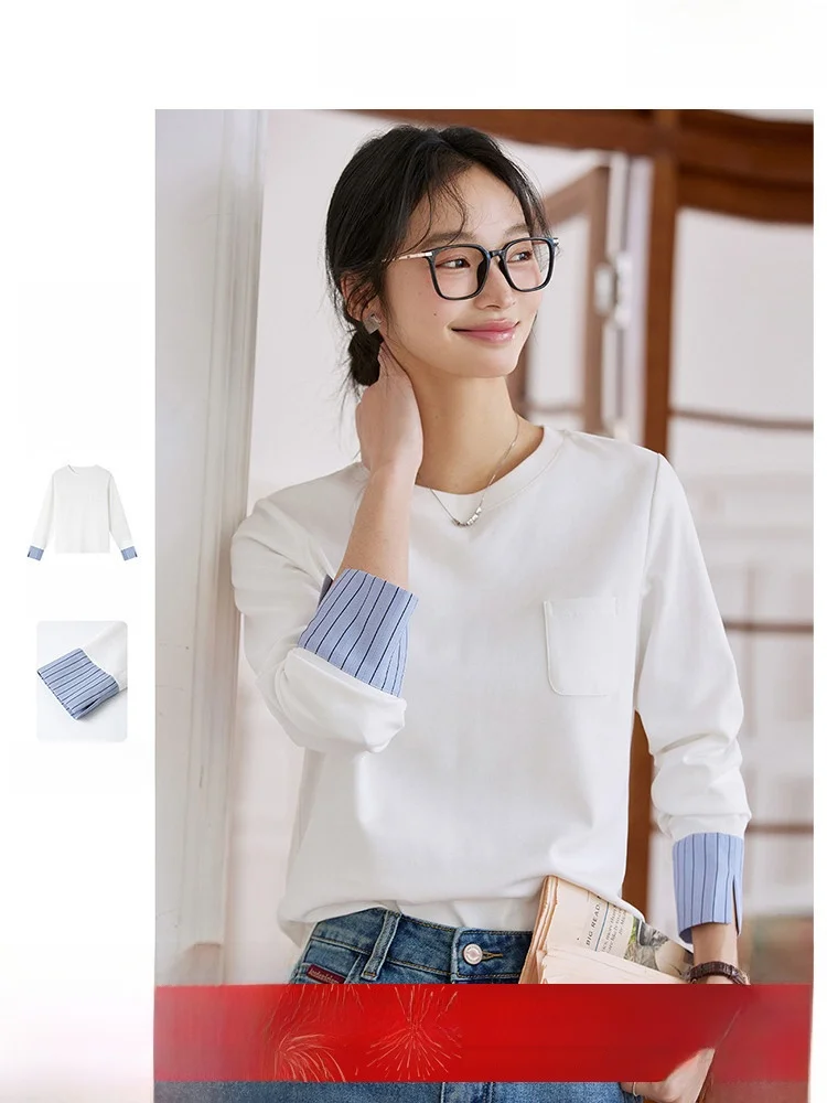 

Retro Patchwork Long Sve T-irt Women's Loose round Ne Spring Autumn New Sle Casual Cotton Blend Faion Top