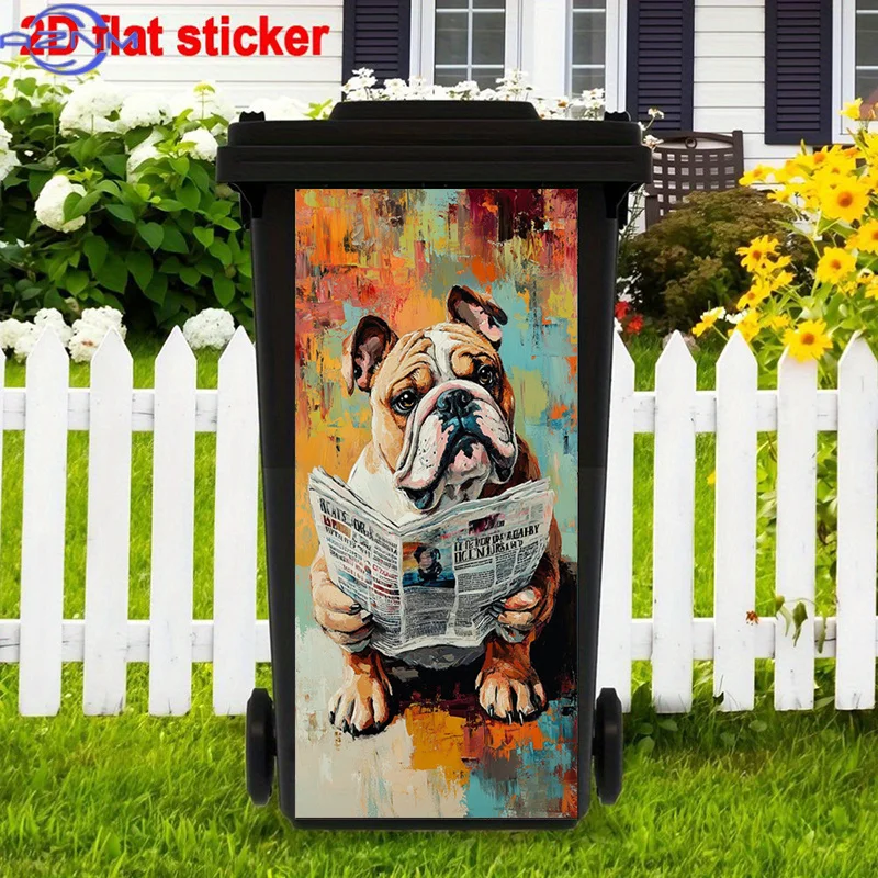 Vibrant Colors Bulldog Reading Newspaper Trash Can Sticker | Self-Adhesive, High-Glossy PVC, 12.2x27.5in