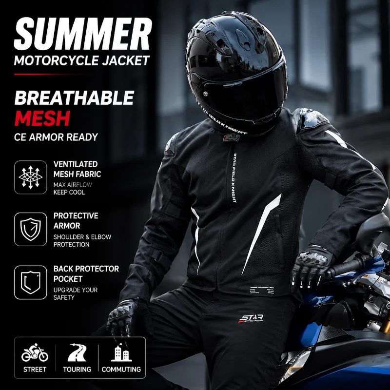 Men's Summer Motorcycle Riding Jacket Breathable Mesh Protective Gear Ventilated Moto Jacket For Street Touring Commuting