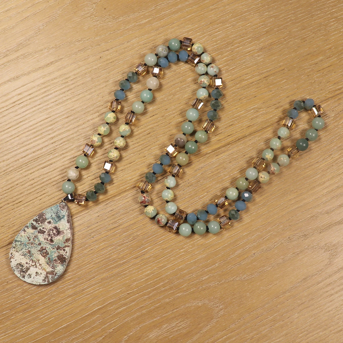 Boho Shape Natural Ocean Stone Pendant Necklace Women Bead Lariat Necklaces