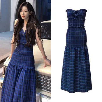 Kong Xueer 별 격자 무늬 분할 튜브 탑 원피스 여성 틈새 허리 포옹 타탄 스커트 공식 원피스 미디와 같은 스타일 원피스 여름 