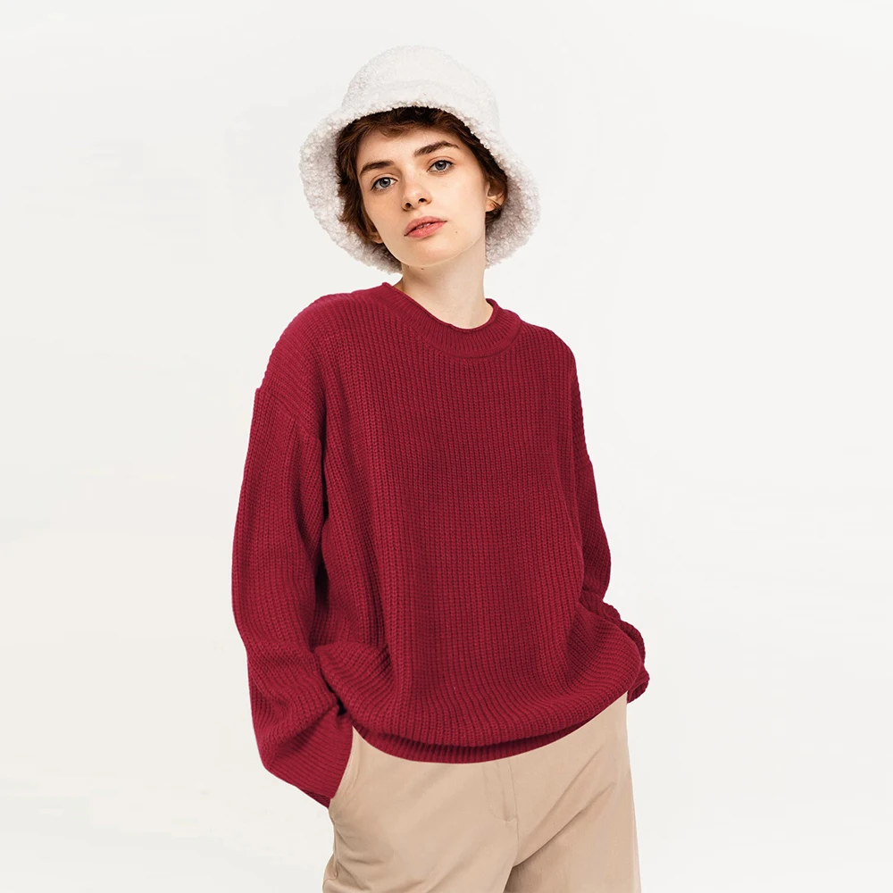 LEPLUSS women\'s new round neck winter thick sweater burgundy casual loose pullover fashion sweater