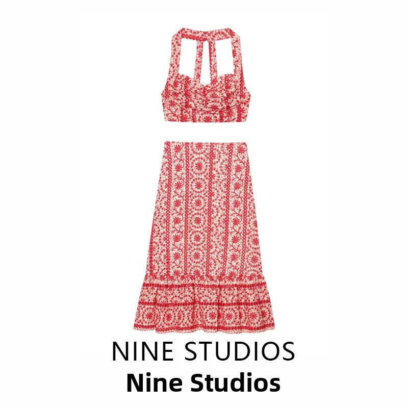 

NINE ZAR Women's Embroidered Hollow out Ne ort Top High Waist Midi Skirt Faion Set round Ne ort Sve Overhead