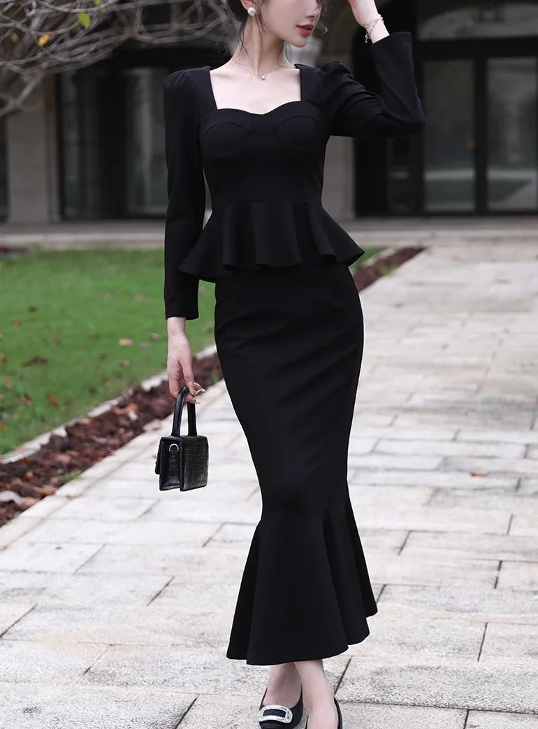 Autumn New Women's Design Hepburn Style Two Piece Long Sleeve Set Fishtail Skirt Halfway Dress Long Sleeve Top Set