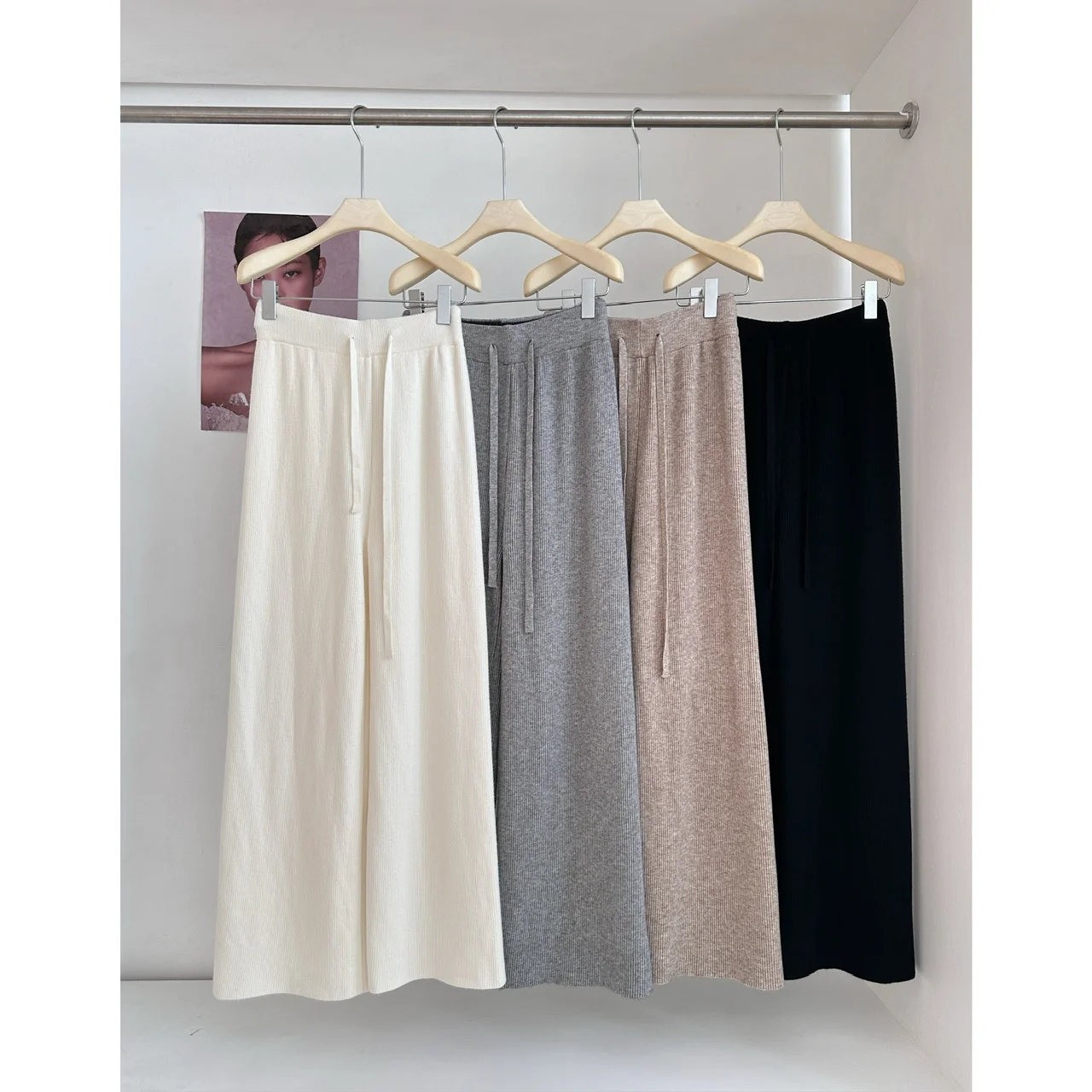 Fusi Verdickte, mit Fleece gefütterte, gestrickte, lässige Hose mit weitem Bein, gerader Schnitt, bodenlange Hose mit hoher Taille für Damen