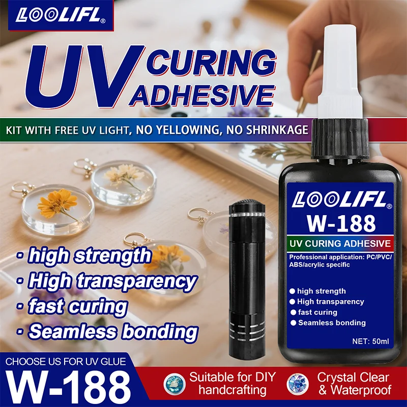 LOOLIFL New W-188 Strong 50ml UV Glue Curing Adhesive UV Curing Crystal Glass and Metal ABS Bonding Welding With UV Curing Lamp