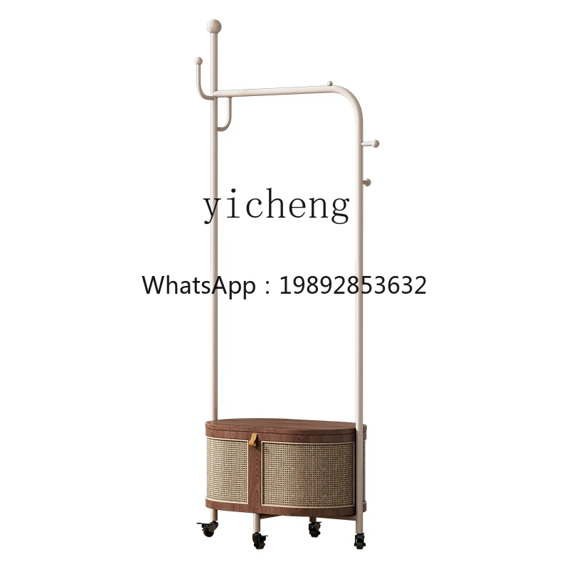 ZZ XL Solid Wood Rattan Floor Coat Rack Moving Wheels Hang Clothes Storage Rack