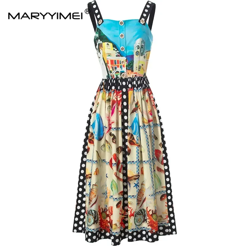 MARYYIMEI Spring Summer Women's Square Necked Sleeveless Spaghetti Strap Backless Single Breasted Bohemia Vacation Dresses