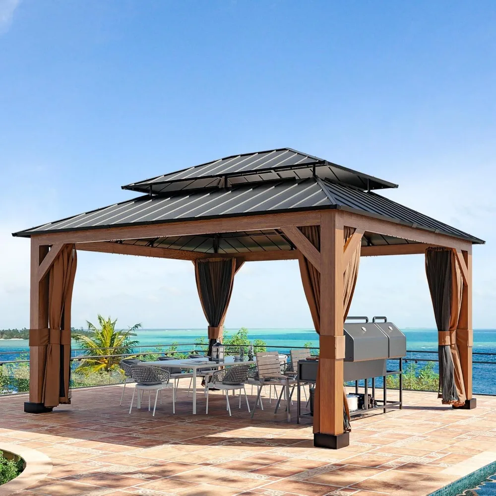 Faux Wood Gazebo with Curtains and Wood-Grain Aluminum Frame, Patio Gazebo with Thermal Transfer Aluminum Frame