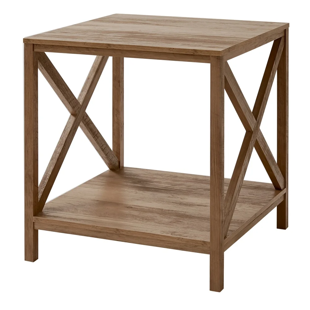Farmhouse Square Side Table with Storage X-Brace Design Rustic Weathered Oak Indoor End Table Easy Assembly