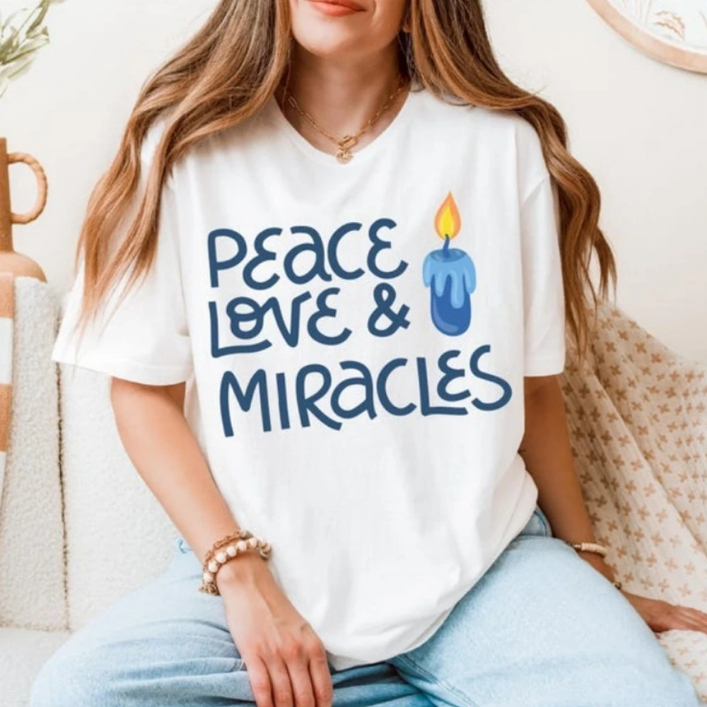 Peace Love Miracles chemise juive noël hauts joyeux Hanukkah chemise Hipster à manches courtes confortable personnalité sweat-shirt