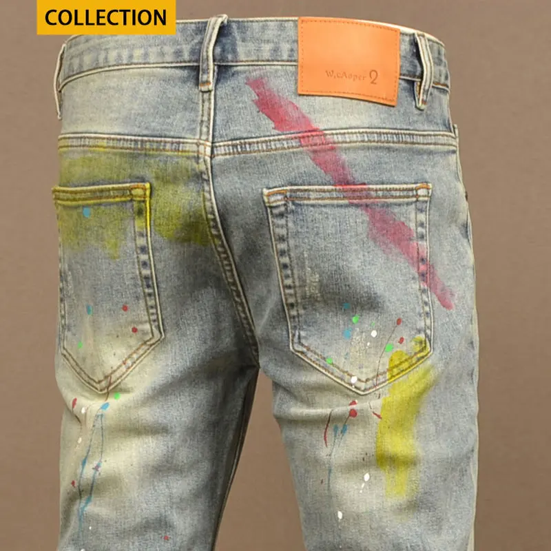 Street Fashion Mannen Jeans Retro Gewassen Blauwe Stretch Skinny Fit Gescheurde Jeans Mannen Geschilderde Designer Hiphop Denim Potlood Broek