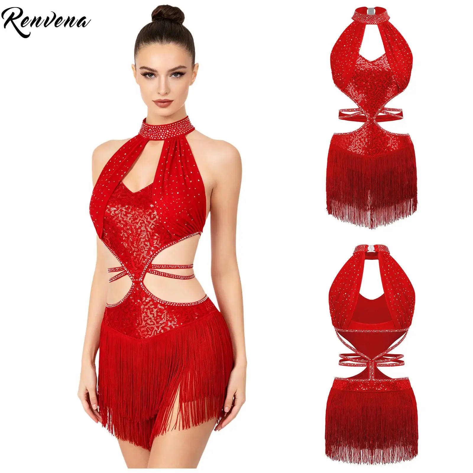 Womens Latin Jazz Dance Tassel Dress Keyhole Front Cutout Back Sleeveless Fringe Dresses for Carnival Festival Theme Costume