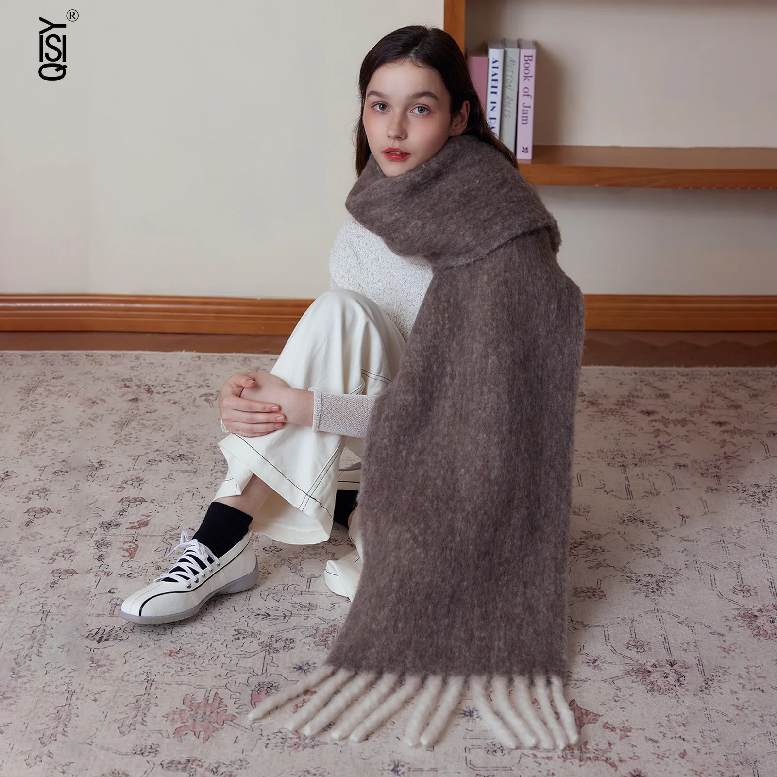 Lenço de lã estilo suave para mulheres xale de cor sólida espessada e quente