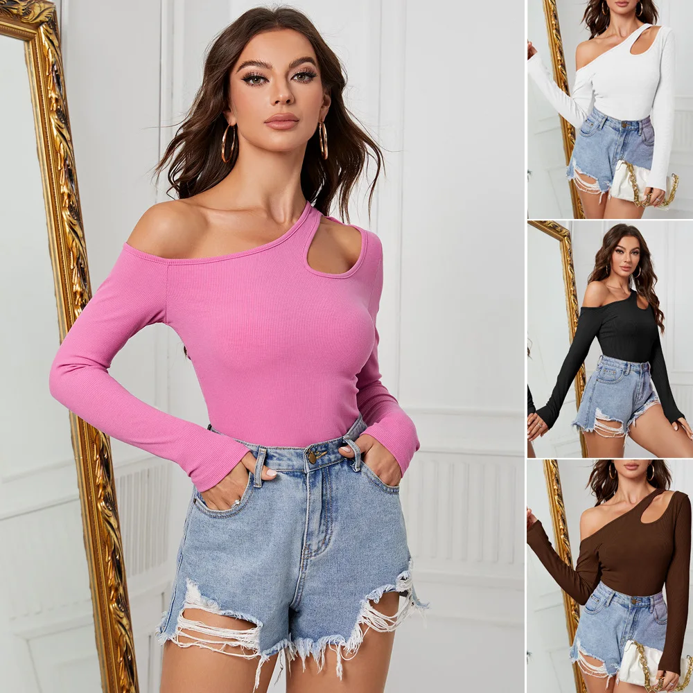 

Women's Tee Temperament Oblique Shoulder Spring Summer Long Sleeve Irregular Knit T-shirt Slim-fit Design Feeling Base Shirt Top