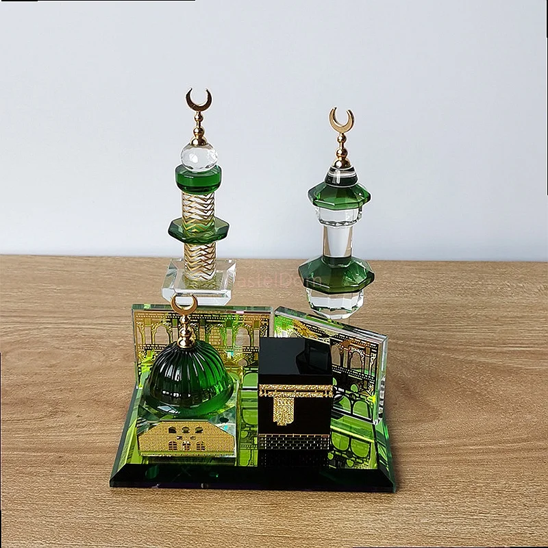 Saudi Arabia Mecca Madinah Souvenir Kaaba Minaret Crystal Gift Table Clock Two Piece Set