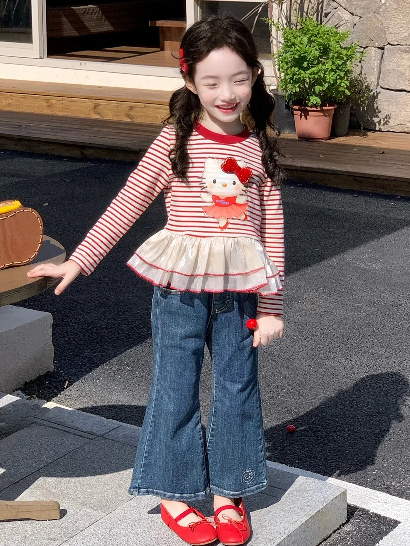 春のコレクション-キッズ服-花柄レース長袖ストライプデニムフレアパンツ-ツーピースセット-女の子用-韓国風