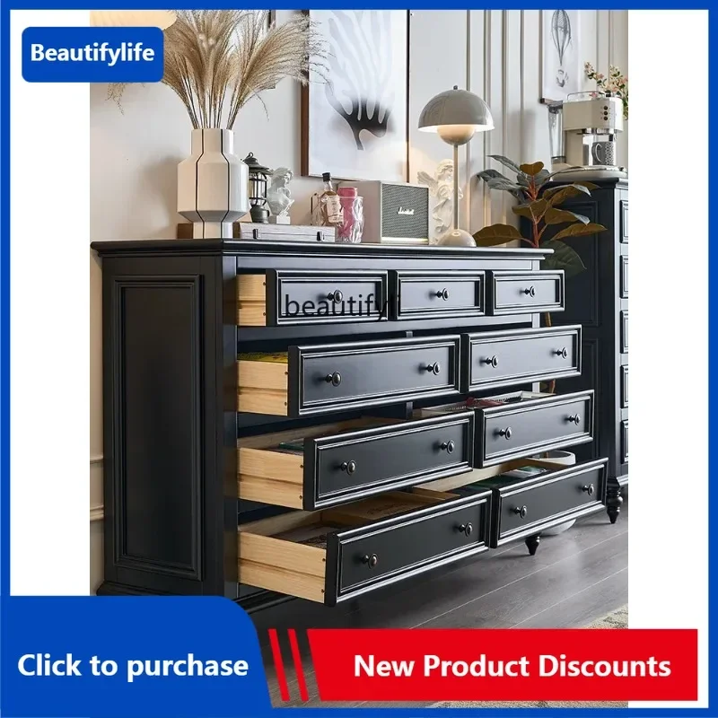 C85 American Solid Wood Nine-Drawer Cabinet Black French Retro Living Room Side Cabinet Master Bedroom Wall Storage  Drawer Cabi