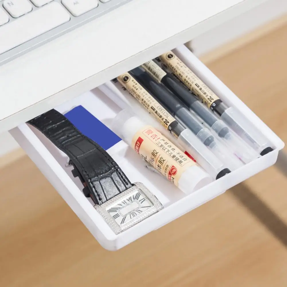 No Screw Storage Organizer under Desk Slide-out Drawer Organizer Self-adhesive Hidden Storage Box Pull-out Desk for Makeup