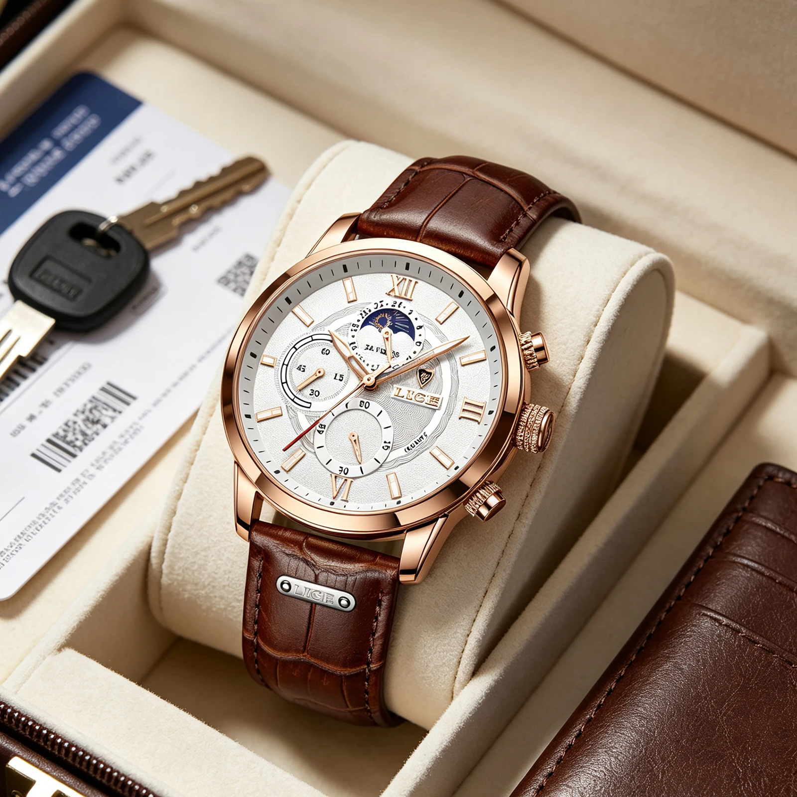 2026 LIGE Mens Watches Top Brand Luxury Clock Casual Leathe 24Hour Moon Phase Men Watch Sports Waterproof Quartz Chronograph+Box
