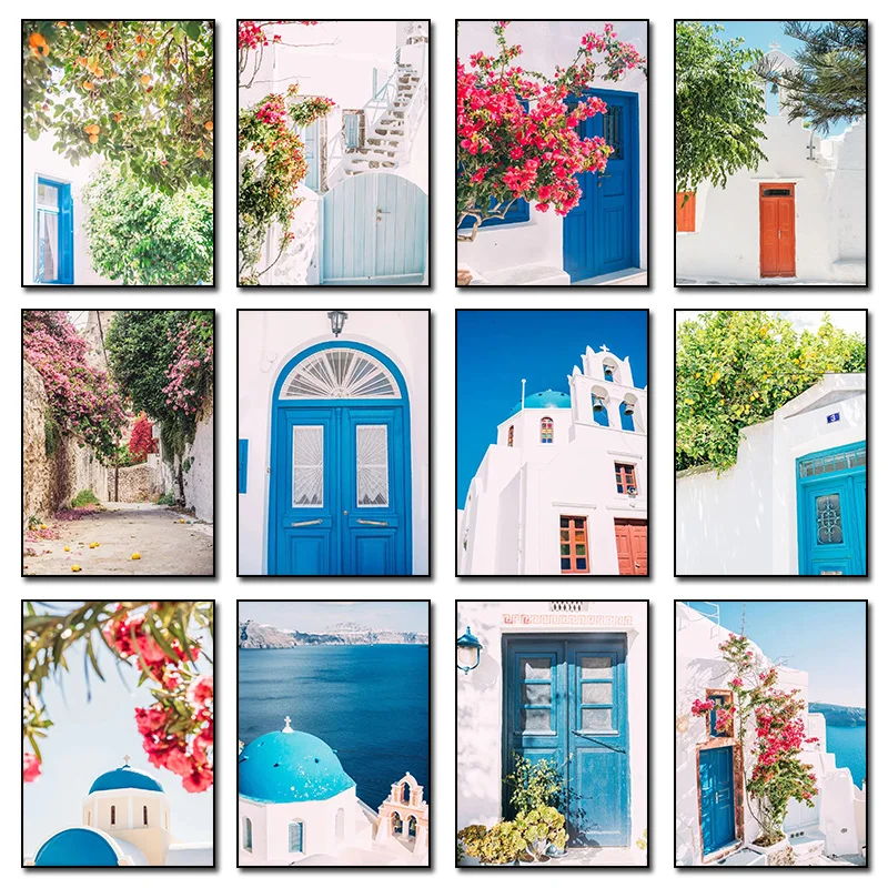 Santorini Greece Island and The Aegean Sea Landscape Olive Tree Print Art Canvas Poster Wall Picture for Living Room Home Decor