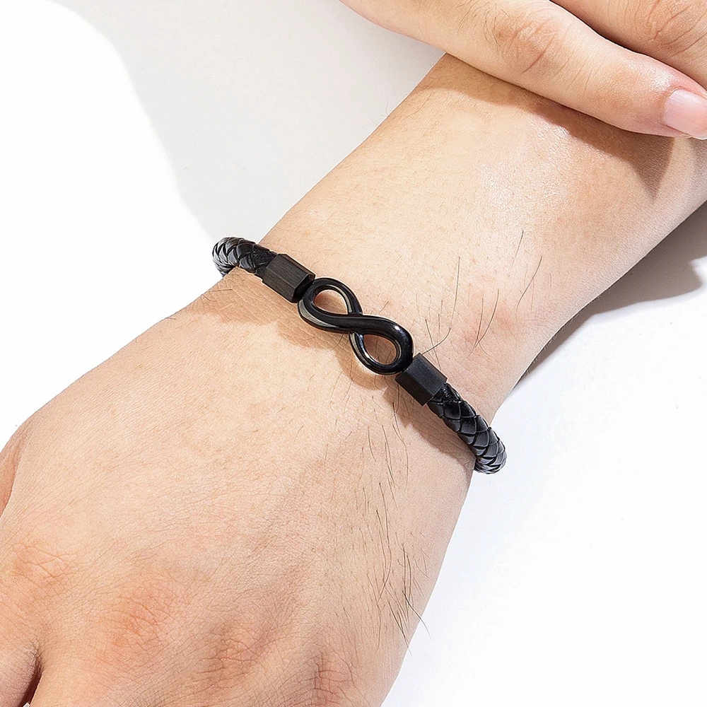 XQNI Leather Bracelet Infinity Shape Special Popular Pattern Men\'s Bracelet for Men Stainless Steel Jewelry Accessories Gift