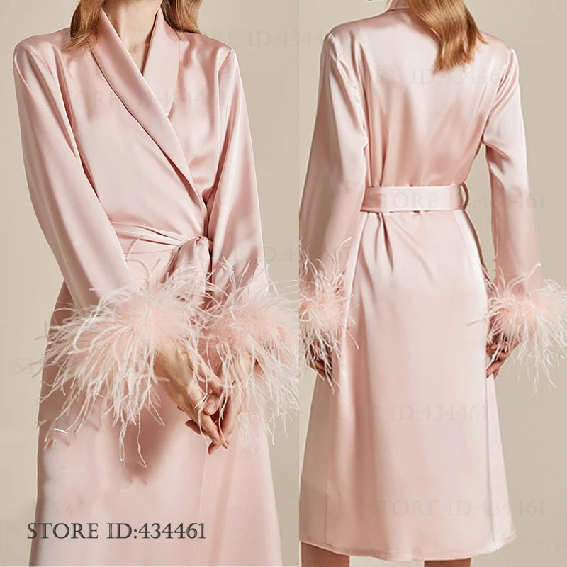 

Роскошный элегантный свадебный халат невесты, ночная рубашка с манжетами из перьев, шелковистая атласная одежда для сна, одежда для дома, свободная повседневная домашняя одежда, пеньюар