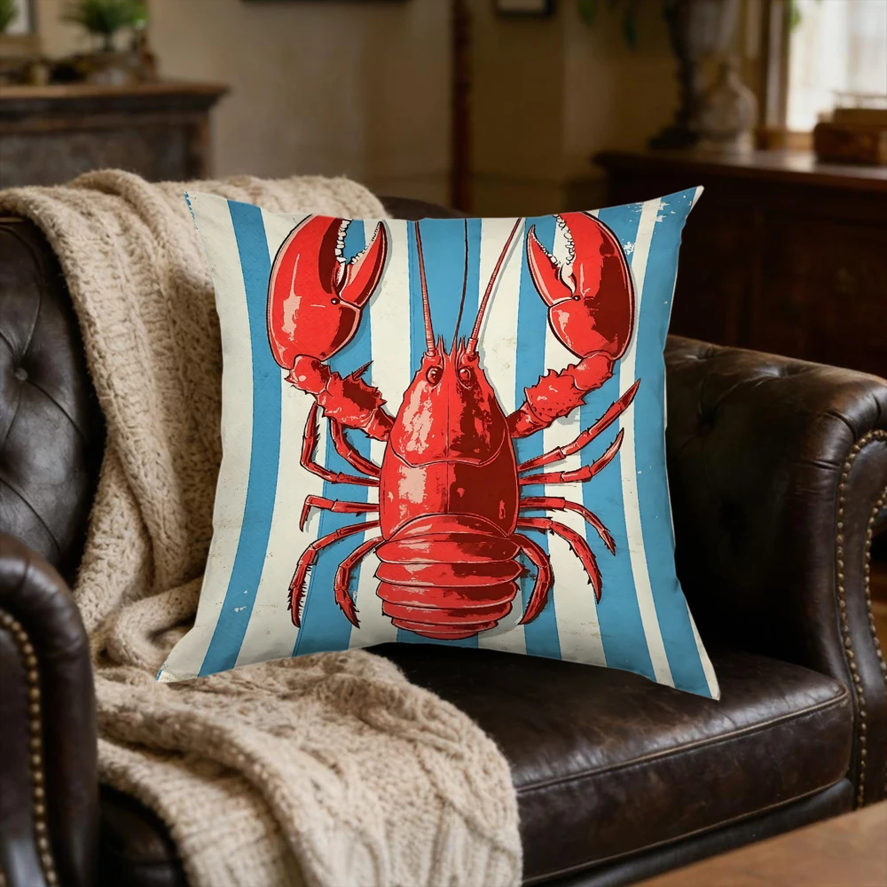1Pc Vintage Red Lobster On Blue White Stripes Cushion Cover Pillowcase For Sofa Bed Living Room Home Decor Soft Breathable