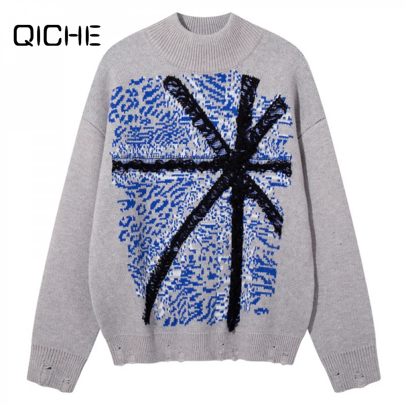 QICHE 2026 Streetwear Blue Grey Contrast Abstract Jacquard Sweater, Destroyed Hem Mock Neck Lazy Unisex Pullover