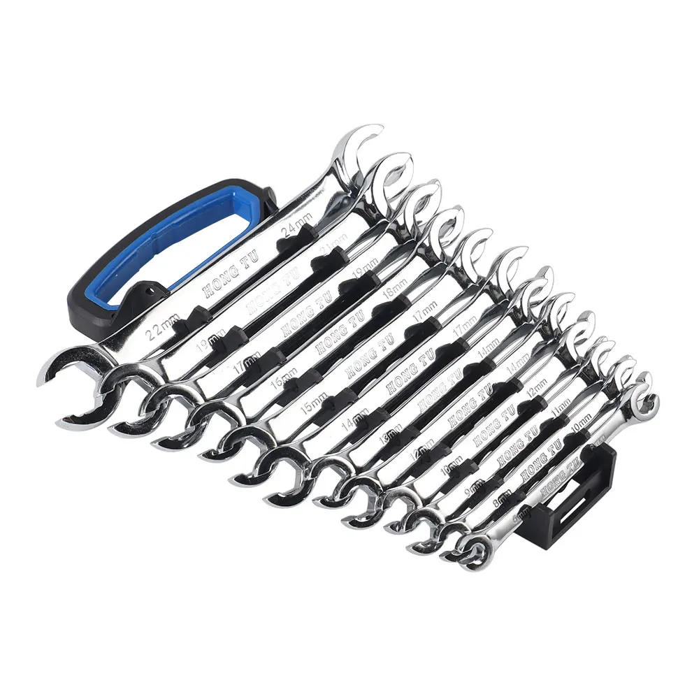 Chave inglesa com plástico Rack, Flare Nut Wrench Set, Chaves De Tubo De Óleo, 12Pcs