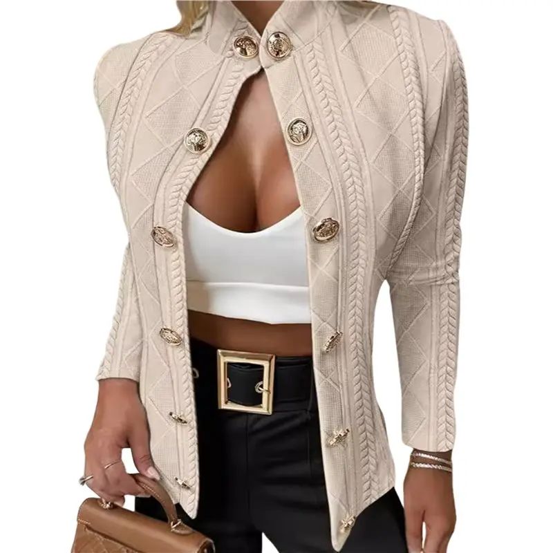 

CYCLI-Женский кардиган Argyle, легкое укороченное пальто с воротником-стойкой и длинными рукавами, осенние куртки с металлическими пуговицами