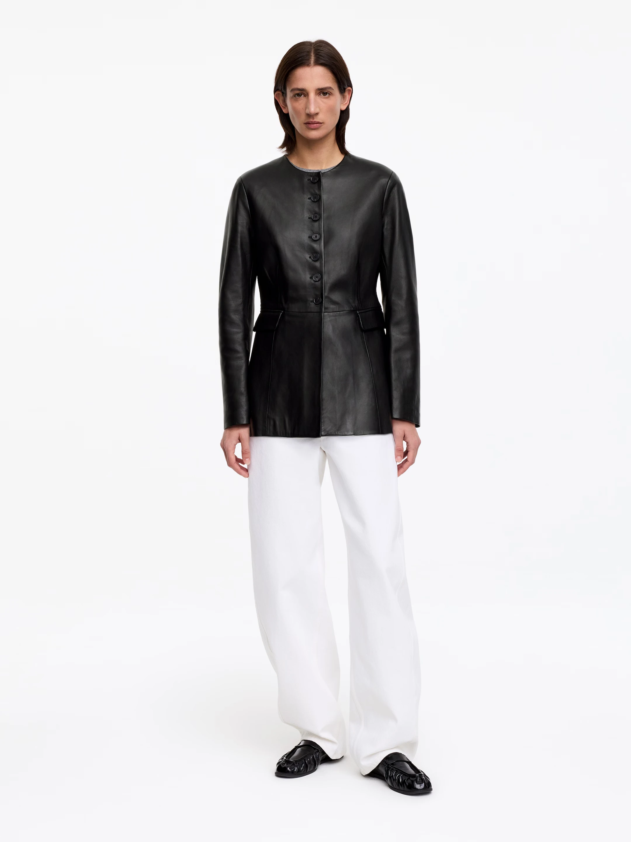 Laur 2026 Stand Collar Slim Sheepskin Jacket Women Button Pockets Soft Mid Leather Outerwear Autumn Office Daily Outfit Coat