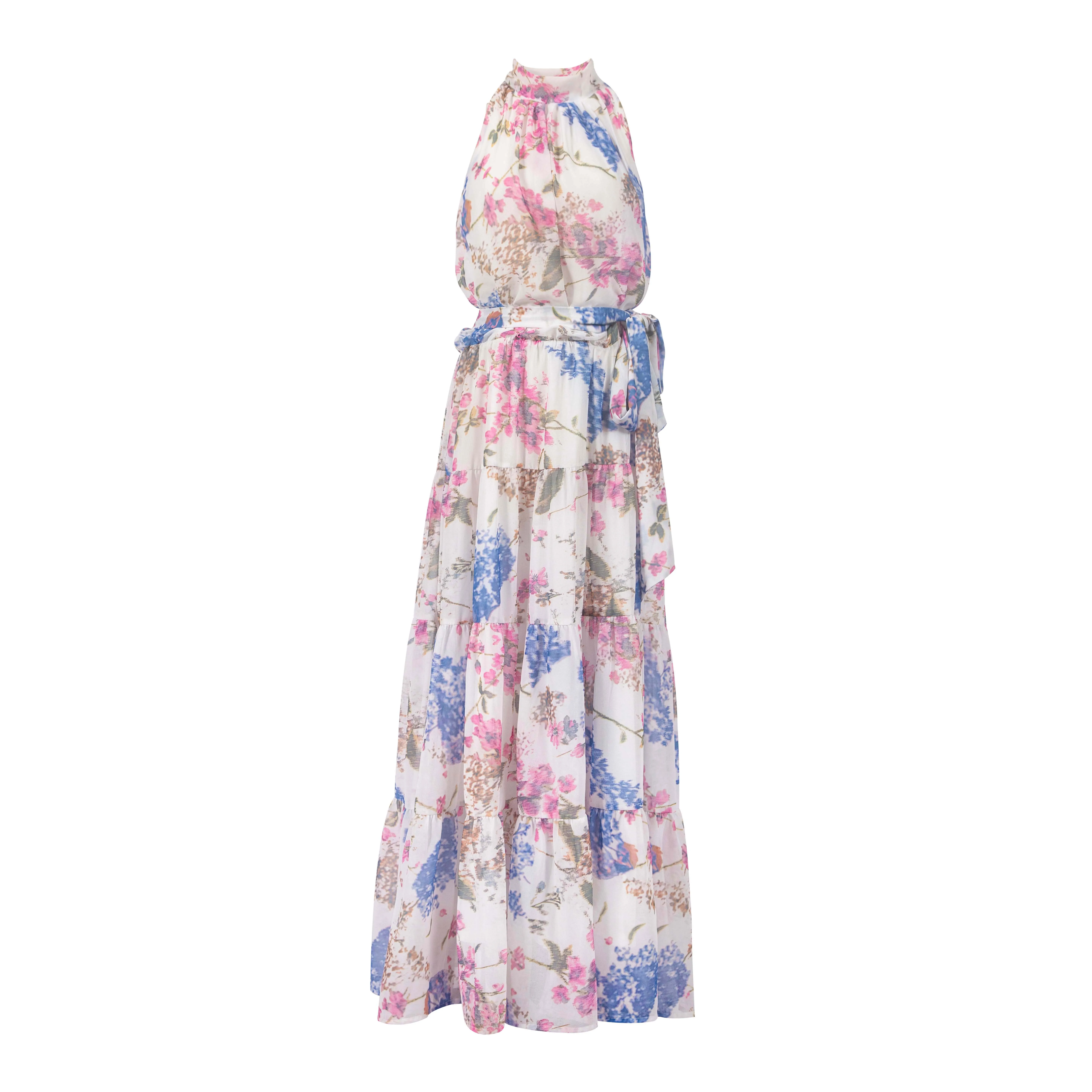 新しい女性ドレスエレガンスビーチドレスクラシックノースリーブネックバンドドレスカジュアルセクシーなパーティードレス女性のロングドレス