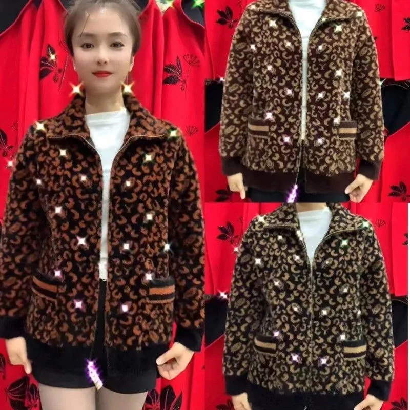 2026 New Middle Aged Elderly Imitation Mink Velvet Coat Women Fashion Leopard Print Knitted Cardigan Sweater Jacket Ladies Tops