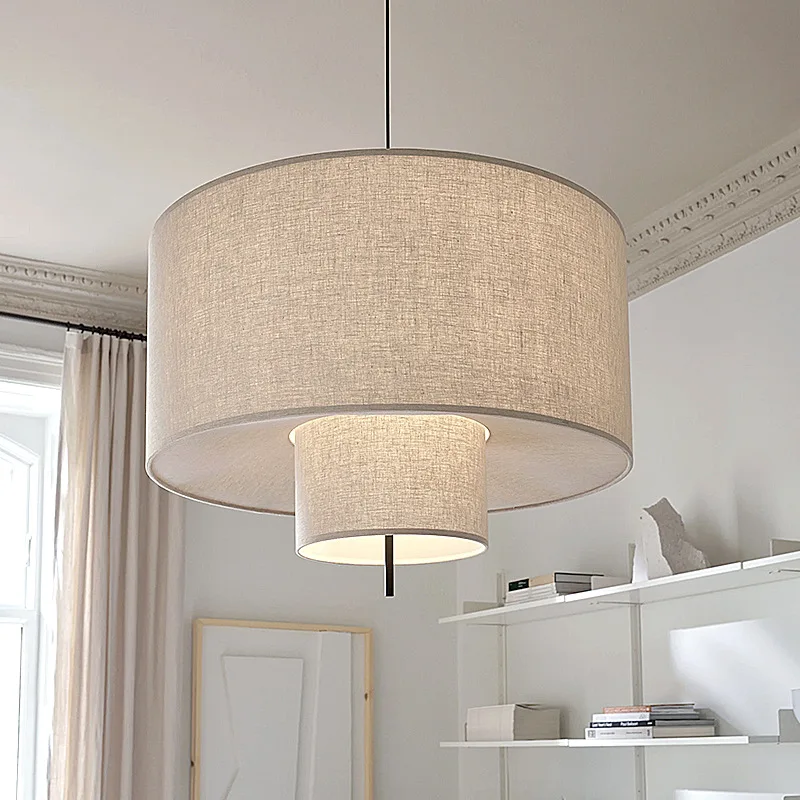 

French Mid-Century Retro Double-Layer Fabric Shade Pendant Light for Bedroom, Living Room, and Dining Room
