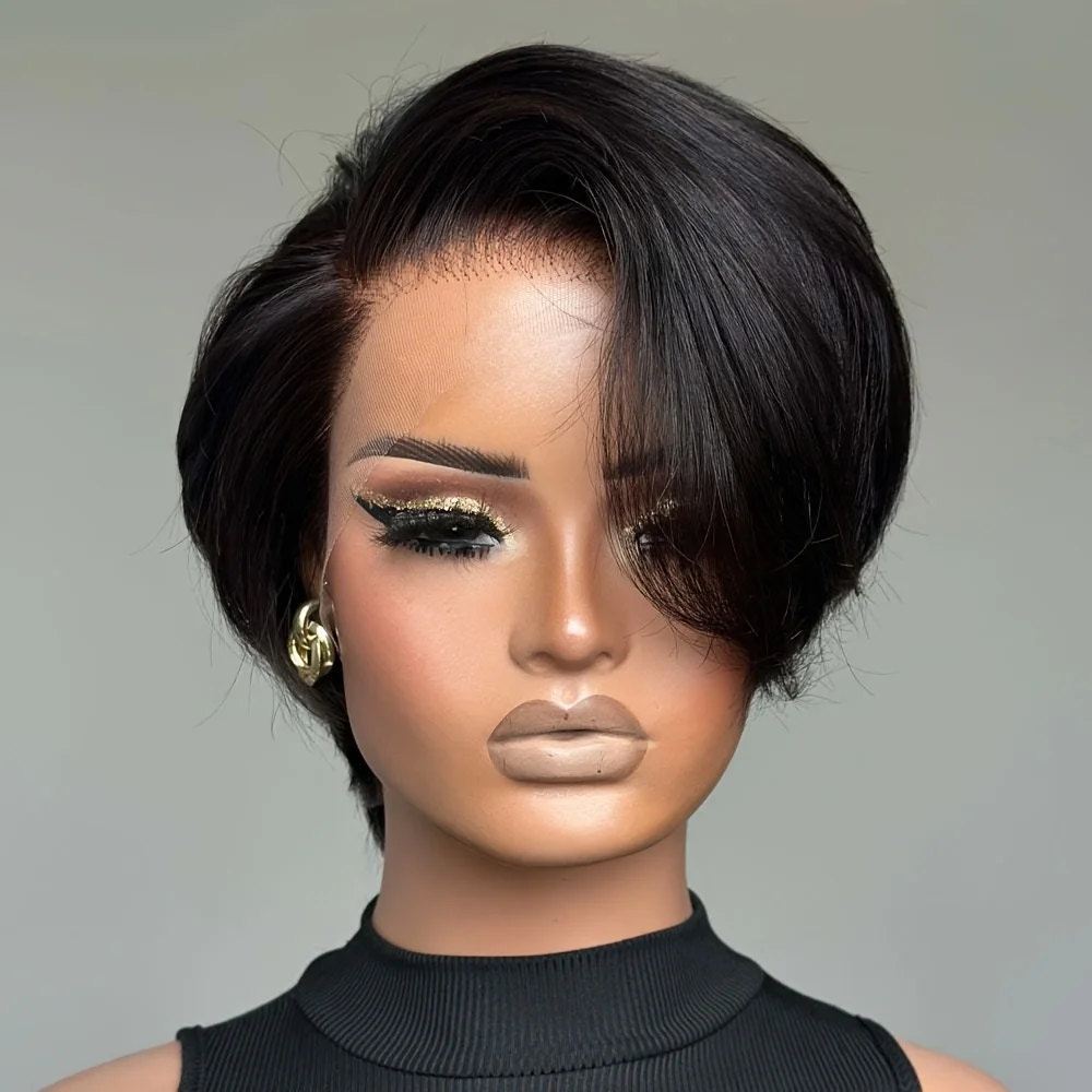 13×1 T part lace remy wigs for women 6inch pixie cut wig 427/natural black/1b30 color 150% density  short curly human hair wigs