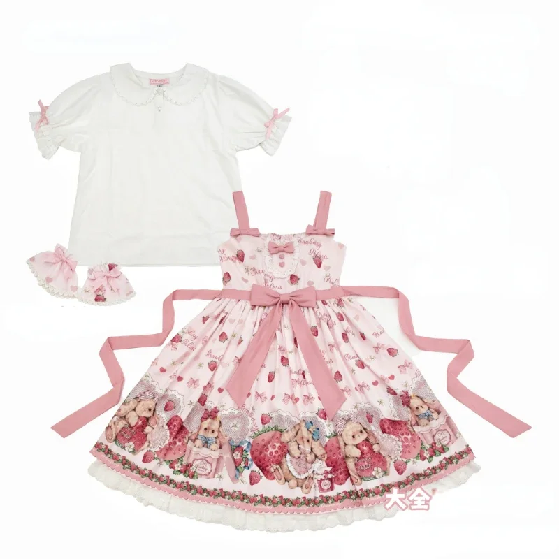 Nieuwe 2025 Victoriaanse Zoete Lolita Jsk Aardbei Cartoon Schattige Konijn Print Bretels Jurk Japanse Zomer Meisje Kawaii PartRQR45