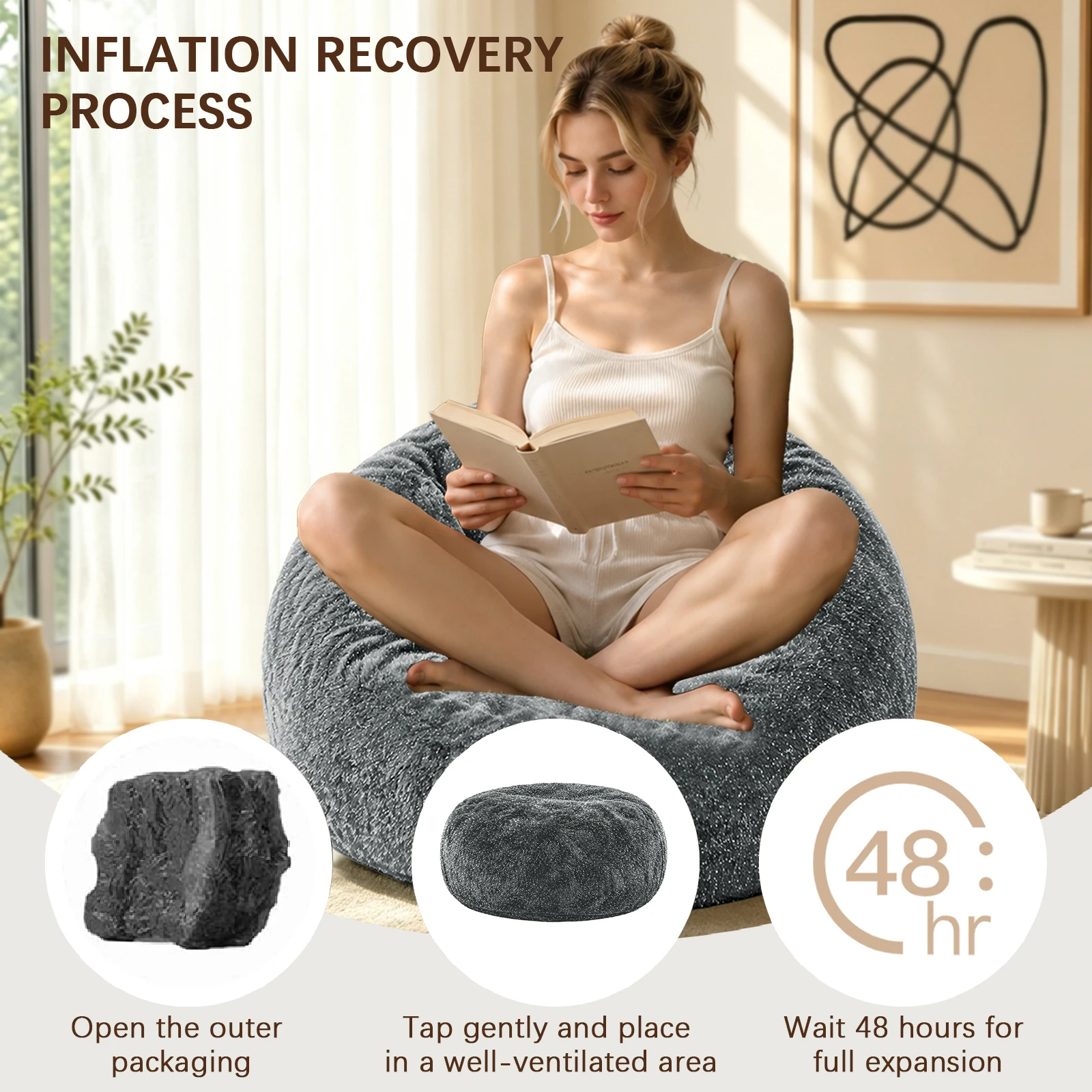 4FT Glitter Fluffy Faux Fur Bean Bag Chair, Vacuum Compressed High Rebound Memory Foam Floor Seat With Hidden Zipper Removable Washable Fabric Cover image 5