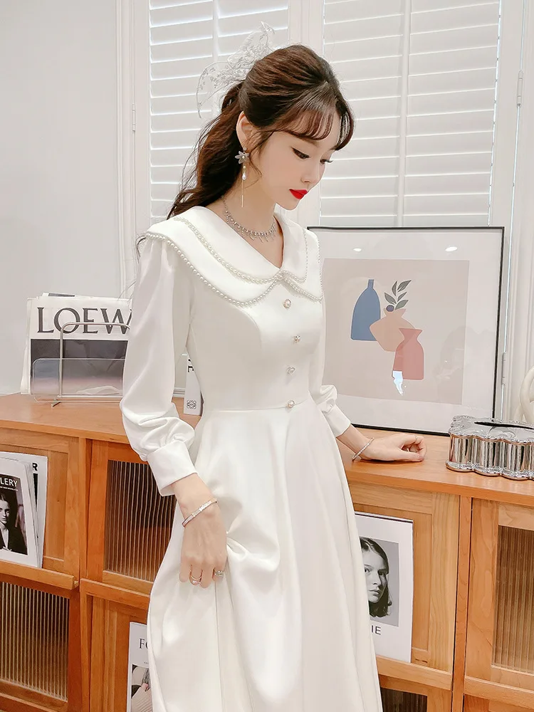 Simple White Bridesmaid Dress New Chic Pearls Collar Long Sleeve Party Gowns Female Elegant A-Line Long Vestidos