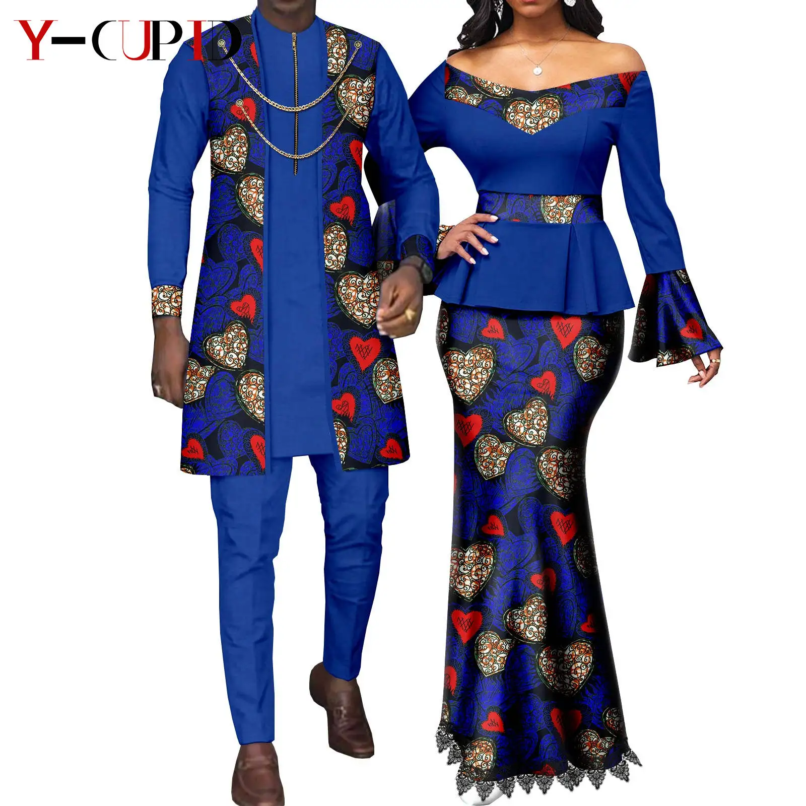 African Couple Matching Clothes for Wedding Bazin Riche Women Print Top and Lace Skirts Sets Dashiki Men 3 Pieces Sets Y22C088