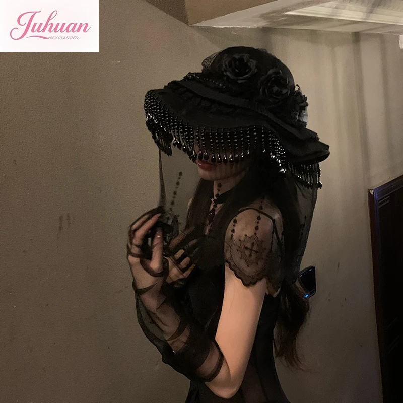 

Оригинальный костюм ручной работы на Хэллоуин, нарядная шляпа вдова, черная вуаль, шляпа ведьмы, реквизит, головной убор