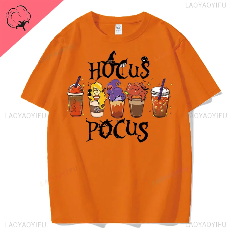 Hocus Pocus Drinks Pumpkin Lamp Graphics Hallowmas Cotton Man T Shirt Streetwear Short Sleeve Tshirt Hipster Breathe Women Tees