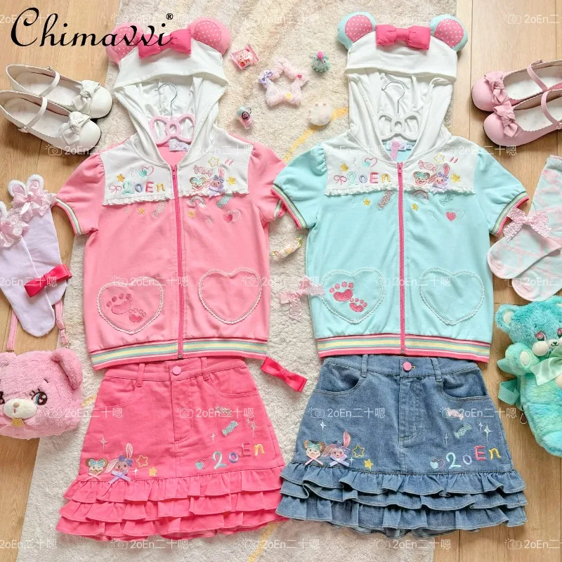 Sweet and Cute Girl Students Cartoon Short Sleeve Hooded Zipper Top Mini Denim Skirt 2 Piece Set Women's Kawaii Skirt Outfits