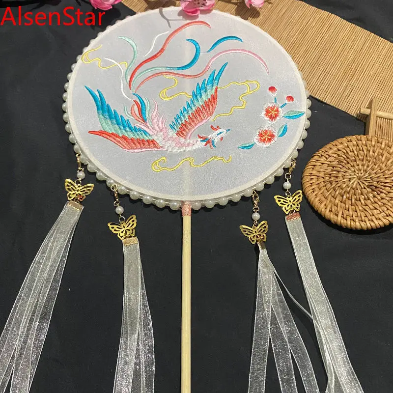 Ancient Style Embroidered Fan with Streamers Palace, Embroidery Fan Costume, Photo Props, Wedding Party Decoration, Gifts