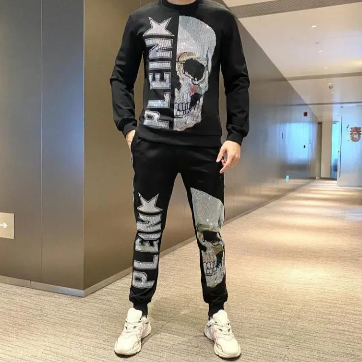 

Модные мужские комплекты с бриллиантами и черепом, повседневные осенне-зимние толстовки с круглым вырезом и брючные костюмы, мужская одежда, Ropa Para Hombre