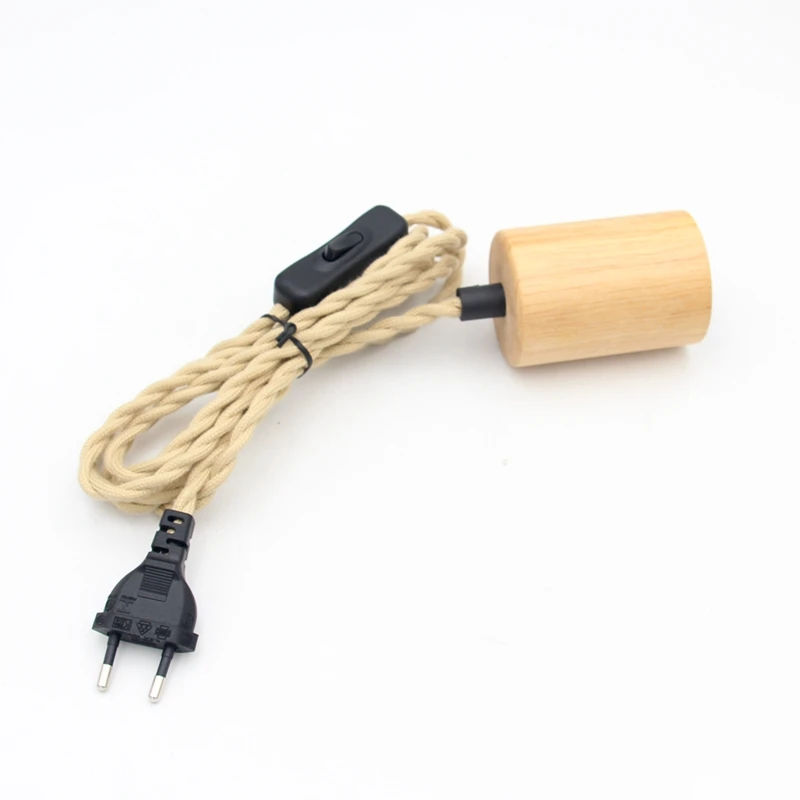 Modern Wood Hanging Lamp with Vintage Fabric Cord EU Plug Switch E27 Wooden Lamp Holder for Bedroom Home Decoration