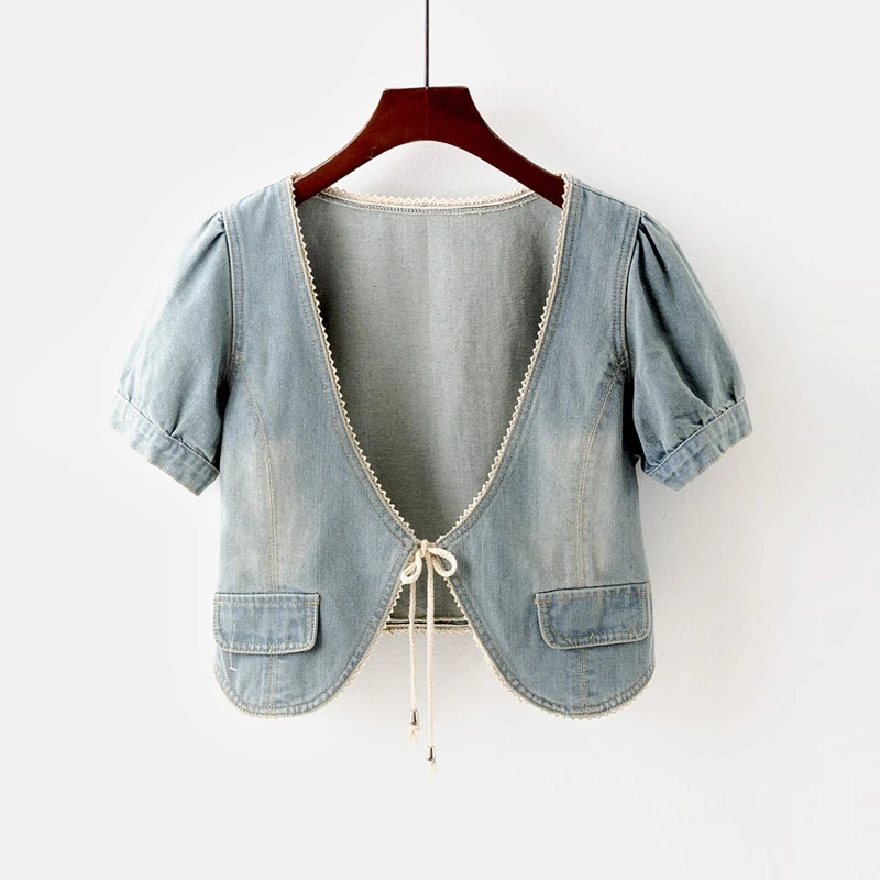 Summer Fashion Short Sleeve Denim Jacket Coat Women Shawl Cardigan Outerwear Female Slim Lace Up V Neck Short Jeans Jackets