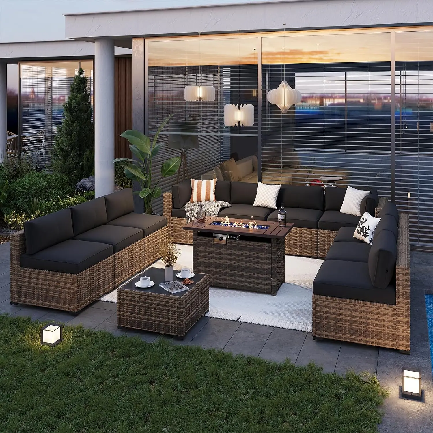 Patio Furniture Set 12-Piece Wicker Sectional Sofa With 44'' Propane Fire Pit Table For Backyard Pool Garden, Customized