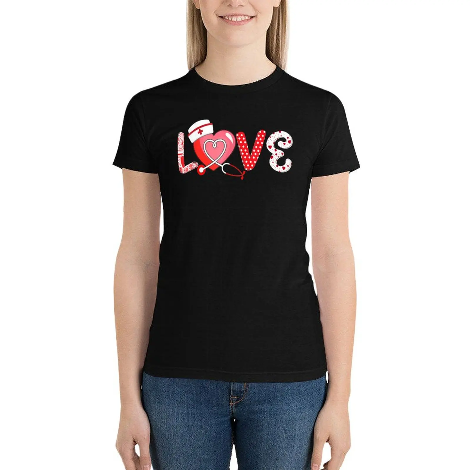 Love Stethoscope Nurse Life Valentine's Day Nurse Valentine T-Shirt summer tops white t-shirt dress for Women sexy