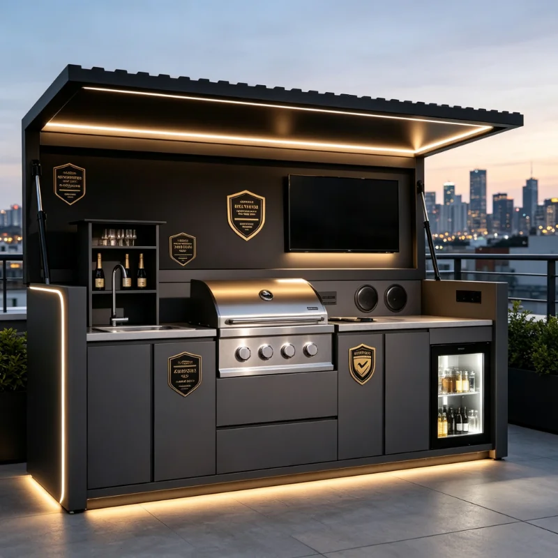 Modern Premium Design Powder Coated Stainless Steel Outdoor BBQ Pergola Grill Room High Quality Waterproof Windproof Gas Remote